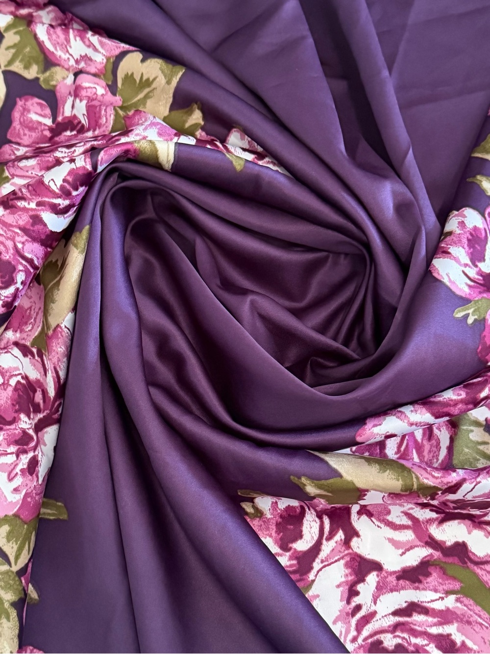Purple Satin Floral Fabric with Pink Rose Print